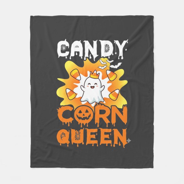 Candy Corn Queen Halloween Ghost Bats Spider Web Fleece Blanket (Front)