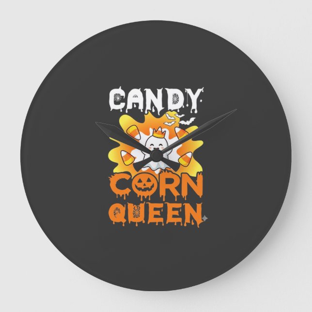 Candy Corn Queen Halloween Ghost Bats Spider Web Large Clock (Front)