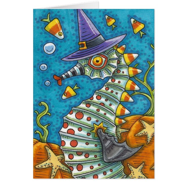 CANDY CORN SEAHORSE, UNDER THE SEA HALLOWEEN CARD (Front)