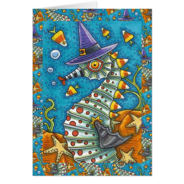 CANDY CORN SEAHORSE, UNDER THE SEA HALLOWEEN CARD (Front)