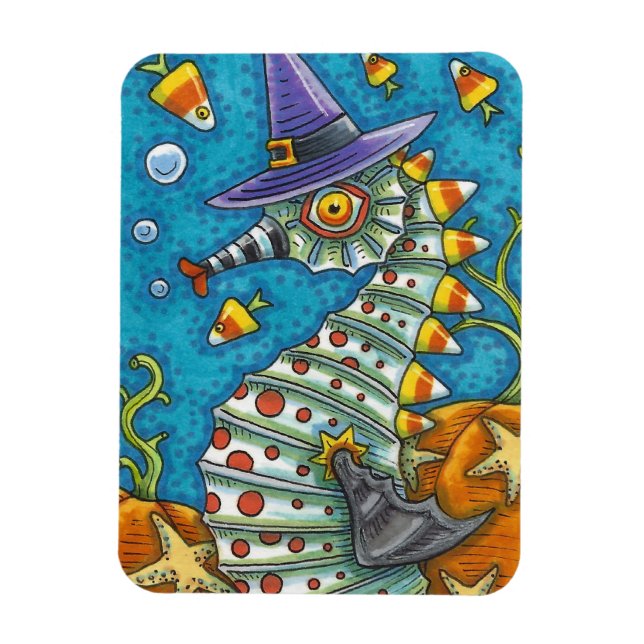 CANDY CORN SEAHORSE, UNDER THE SEA HALLOWEEN FISH MAGNET (Vertical)