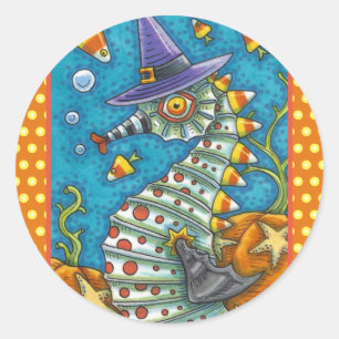 CANDY CORN SEAHORSE WITCH, UNDER THE SEA HALLOWEEN CLASSIC ROUND STICKER