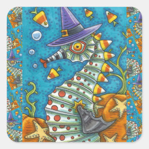 CANDY CORN SEAHORSE WITCH, UNDER THE SEA HALLOWEEN SQUARE STICKER