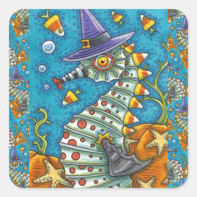 CANDY CORN SEAHORSE WITCH, UNDER THE SEA HALLOWEEN SQUARE STICKER (Front)