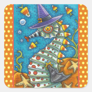 CANDY CORN SEAHORSE WITCH, UNDER THE SEA HALLOWEEN SQUARE STICKER