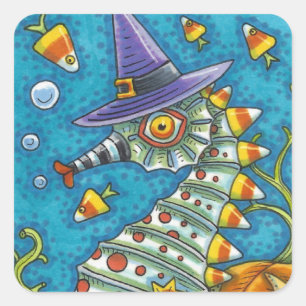 CANDY CORN SEAHORSE WITCH, UNDER THE SEA HALLOWEEN SQUARE STICKER