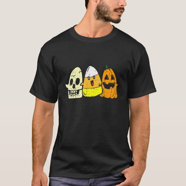Candy Corn Skeleton Skull Pumpkin Fun Halloween Co T-Shirt (Front)