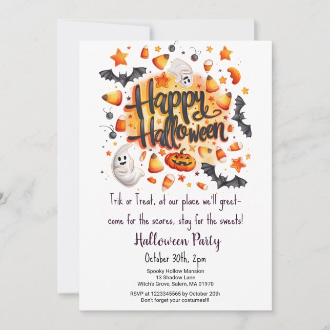 Candy Corn Trick or Treat Bats Halloween Party  Invitation (Front)