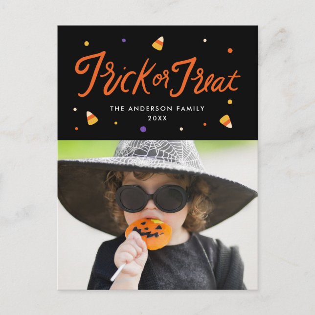 Candy Corn Trick or Treat Halloween Photo Holiday Postcard (Front)