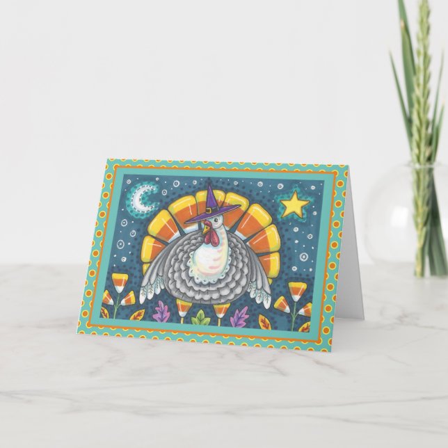 CANDY CORN TURKEY "HAPPY THANKSGIVING" FOLK ART CARD (Front)