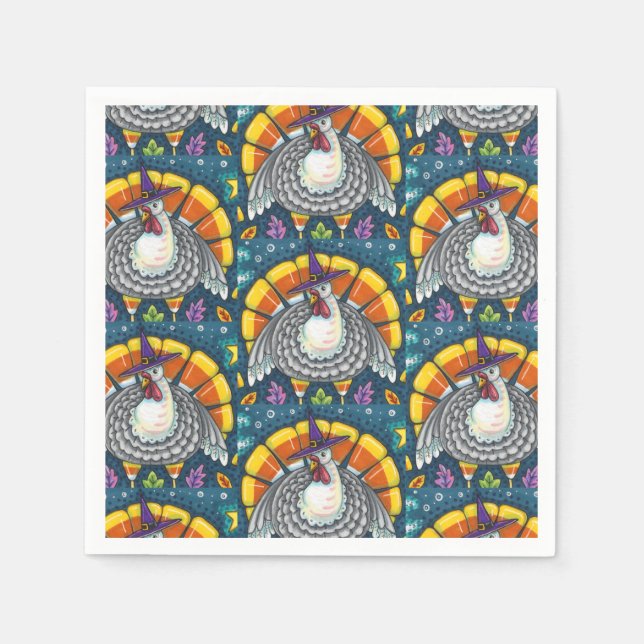 CANDY CORN TURKEY, THANKSGIVING FOLK ART BIRD NAPKIN (Front)