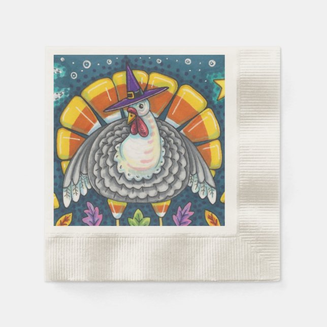 CANDY CORN TURKEY, THANKSGIVING FOLK ART BIRD NAPKIN (Front)