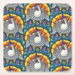 CANDY CORN TURKEY, THANKSGIVING FOLK ART BIRD SQUARE PAPER COASTER