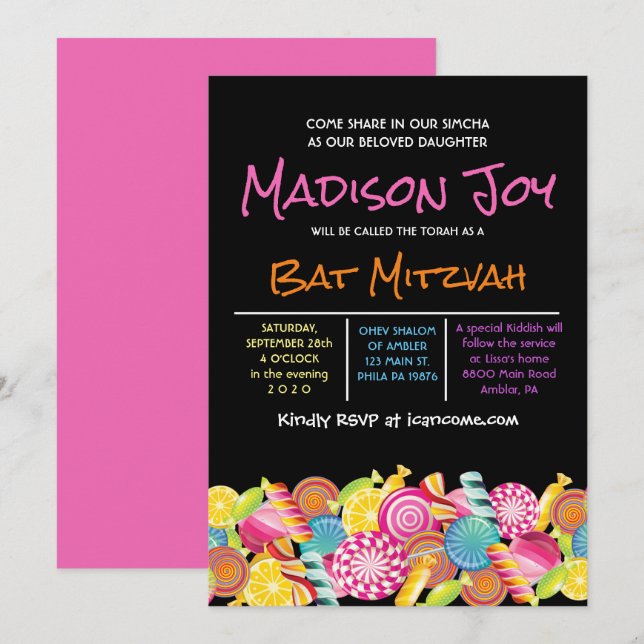 CANDY COUTURE Pink Bat Mitzvah Invitation (Front/Back)