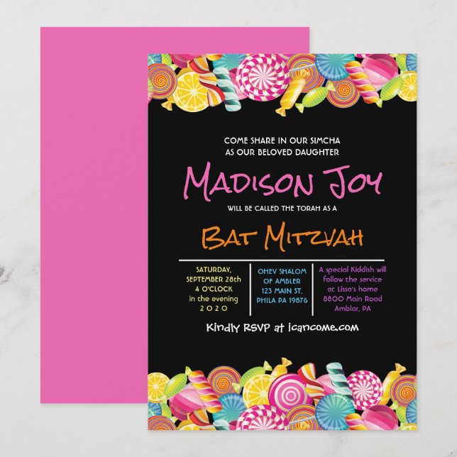 CANDY COUTURE Pink Bat Mitzvah Invitation (Front/Back)