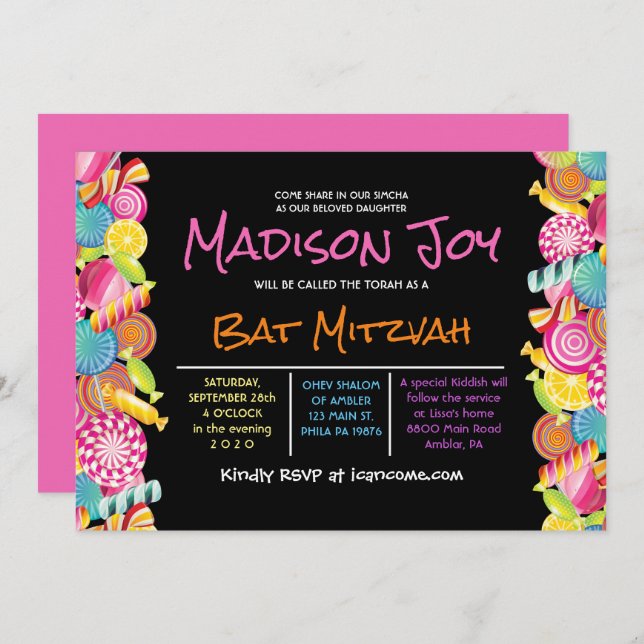 CANDY COUTURE Pink Bat Mitzvah Invitation (Front/Back)