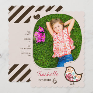 Candy Damask Bird Photo Girl Birthday Party Invite