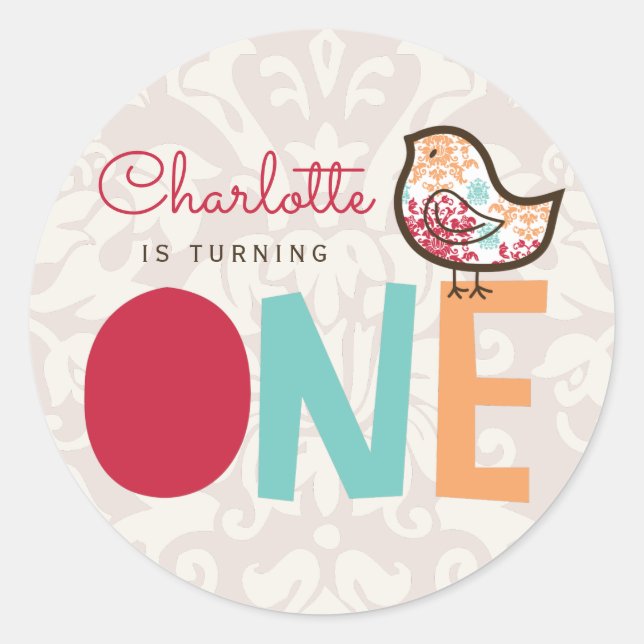Candy Damask Chick Girl 1st Birthday Party Favour Classic Round Sticker (Front)