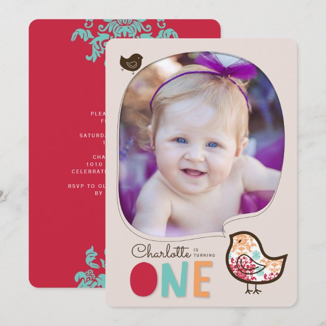 Candy Damask Chicks Girl 1st Birthday Party Invite (Front/Back)