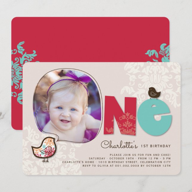 Candy Damask Chicks Girl 1st Birthday Party Invite (Front/Back)