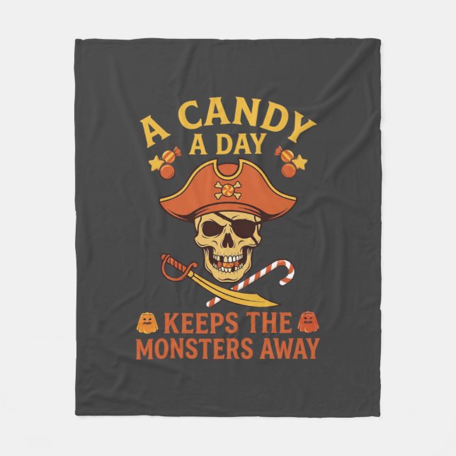 Candy Day Halloween Pirate Skull Cane Fleece Blanket (Front)