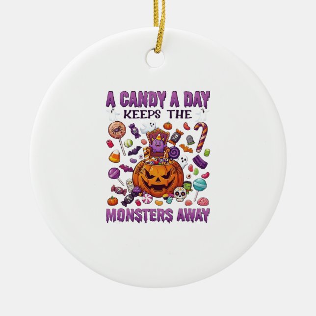 Candy Day Keeps Monsters Away Halloween Pumpkin_1 Ceramic Tree Decoration (Front)