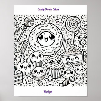 candy doughnuts cakes colouring page poster