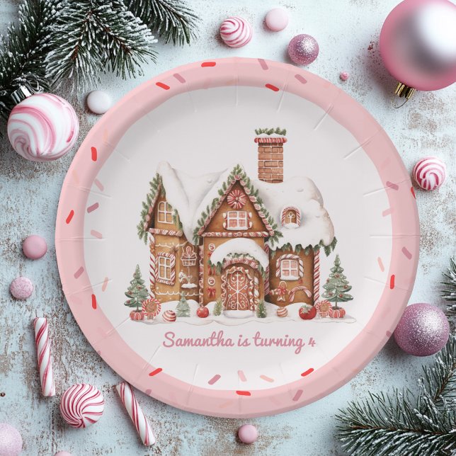 "Candy Gingerbread House Pink Birthday  Paper Plate (Creator Uploaded)