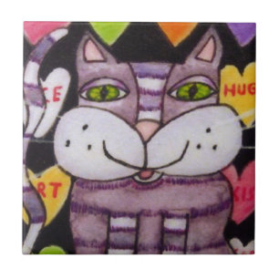 Candy Heart Purple Cat Valentine Tile
