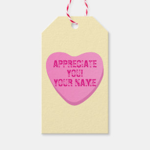 Candy Heart with Custom Text-Pink Heart on Yellow Gift Tags