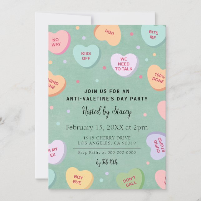 Candy Hearts Anti-Valentine's Day Party Invitation (Front)