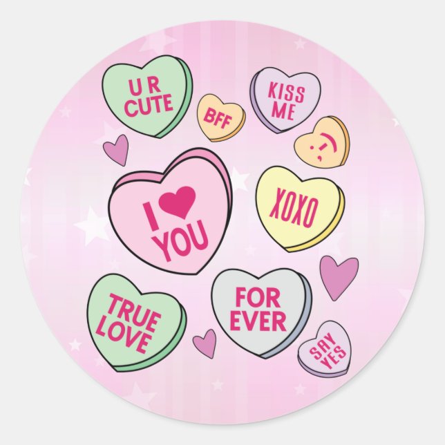 Candy Hearts Valentines Day Conversation Hearts Classic Round Sticker (Front)