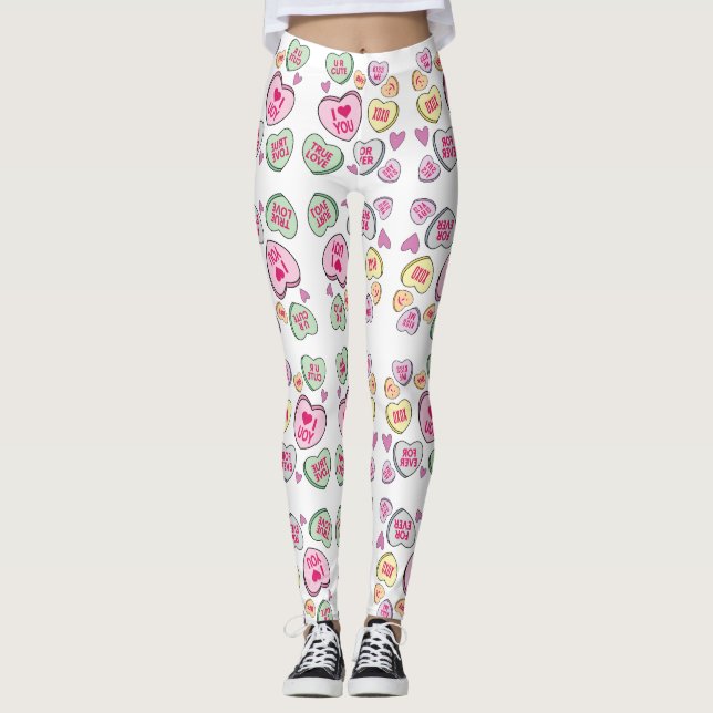 Candy Hearts Valentines Day Conversation Hearts Leggings (Front)