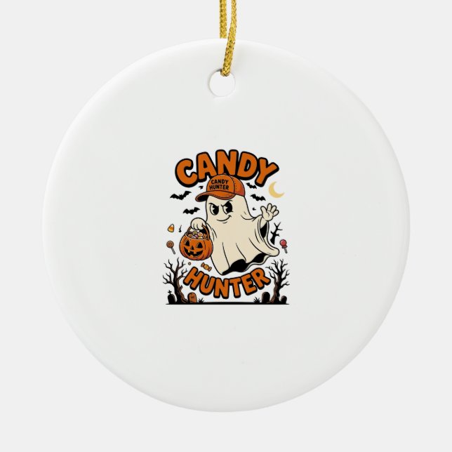 Candy Hunter Halloween Ghost Pumpkin Bucket_1 Ceramic Tree Decoration (Front)