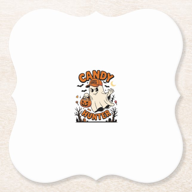 Candy Hunter Halloween Ghost Pumpkin Bucket_1 Paper Coaster (Front)