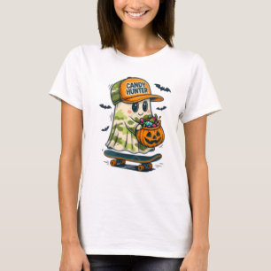 Candy Hunter Skateboarding Ghost Halloween T-Shirt