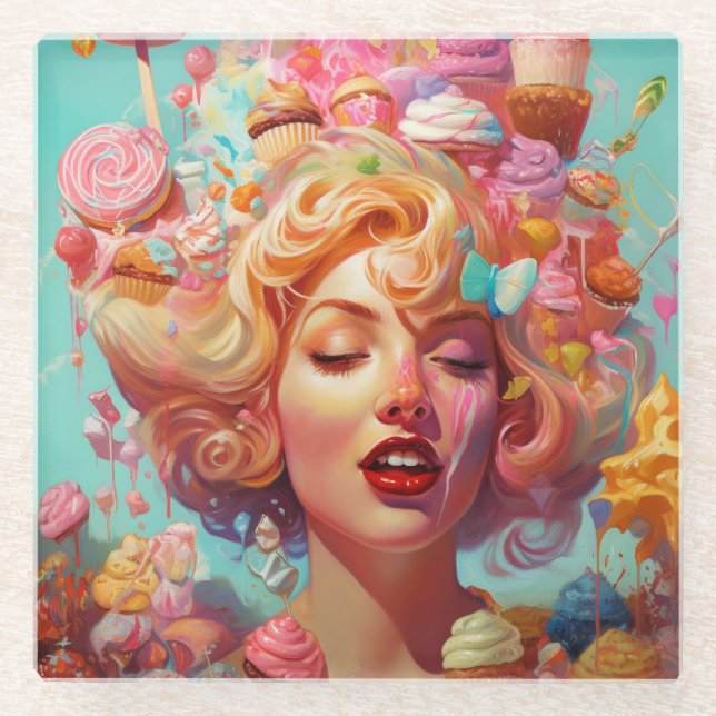 Candy Ice Cream Girl Surreal Fantasy Art Glass Coaster (Front)