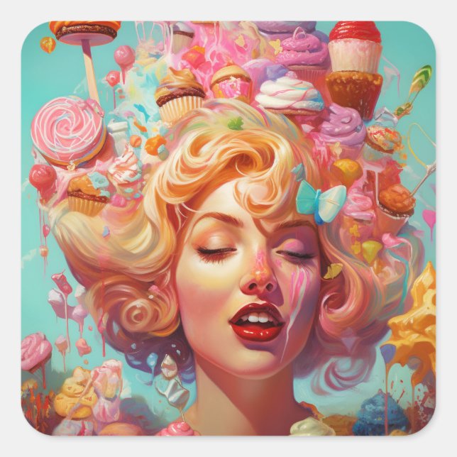 Candy Ice Cream Girl Surreal Fantasy Art Square Sticker (Front)