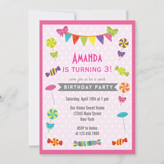 Candy Land Birthday Invitation Pink (Front)