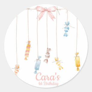 Candy land Pink First Birthday Party Invitation Classic Round Sticker