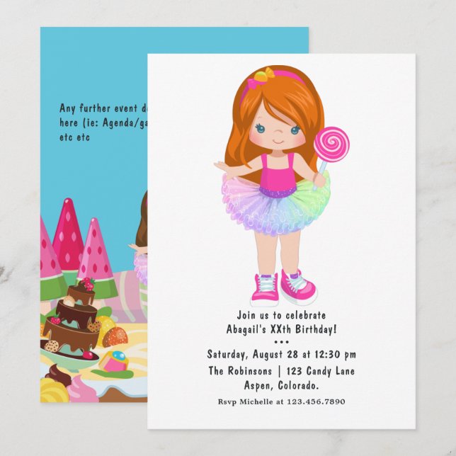 Candy Land Tutu Girl Birthday Party Invitation (Front/Back)