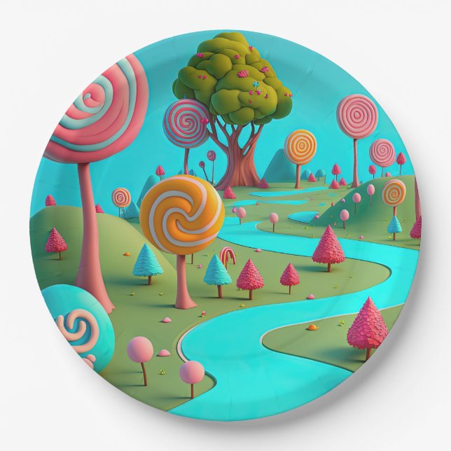 Candy Lane Lollipop Trees Gum Drop Forest Colourfu Paper Plate (Front)