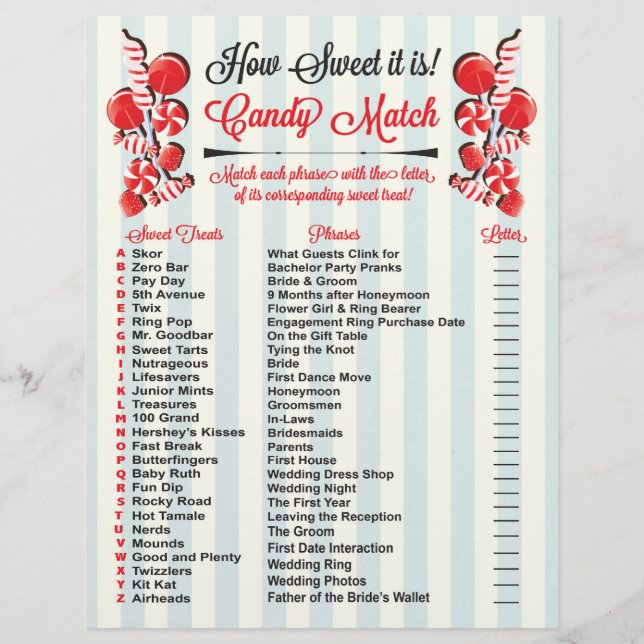 Candy Match Bridal shower game Ready to Print Flyer (Front)