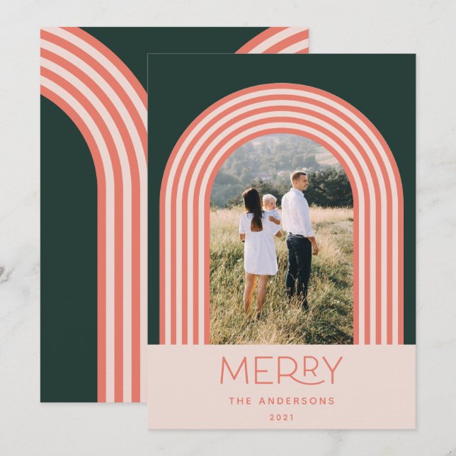 Candy pastel pink stripe rainbow 1 photo Christmas Holiday Card (Front/Back)