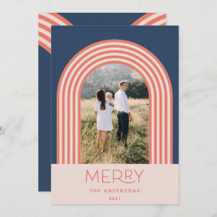 Candy pastel pink stripe rainbow 1 photo Christmas Holiday Card