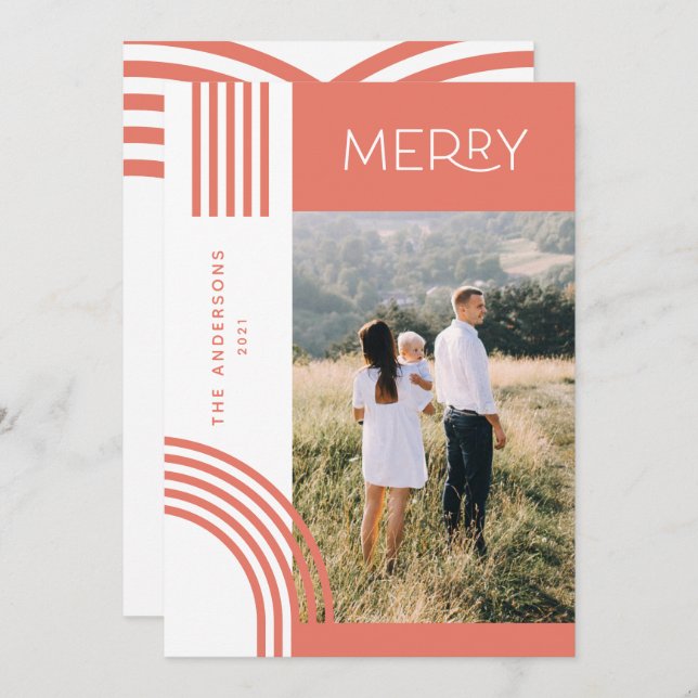 Candy pastel pink stripe rainbow 1 photo Christmas Holiday Card (Front/Back)