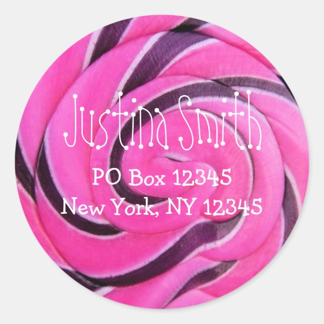 Candy Photo Hot Pink Lollipop Address Classic Round Sticker (Front)