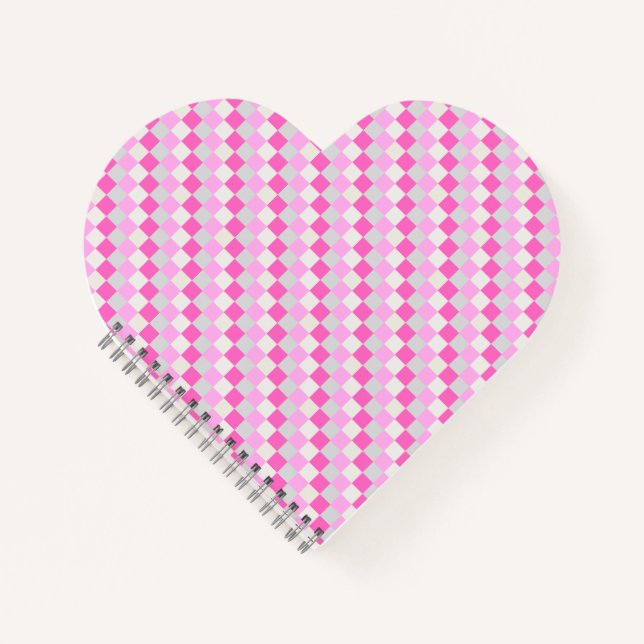 Candy Pink and White Check Pattern Heart Shape Notebook (Front)