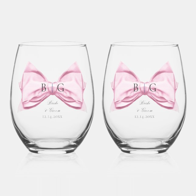  Candy Pink Satin Bow Stemless Wine Glass (Front)