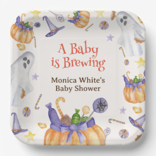 Candy Pumpkin Ghosts Halloween Baby Brewing Shower Paper Plate